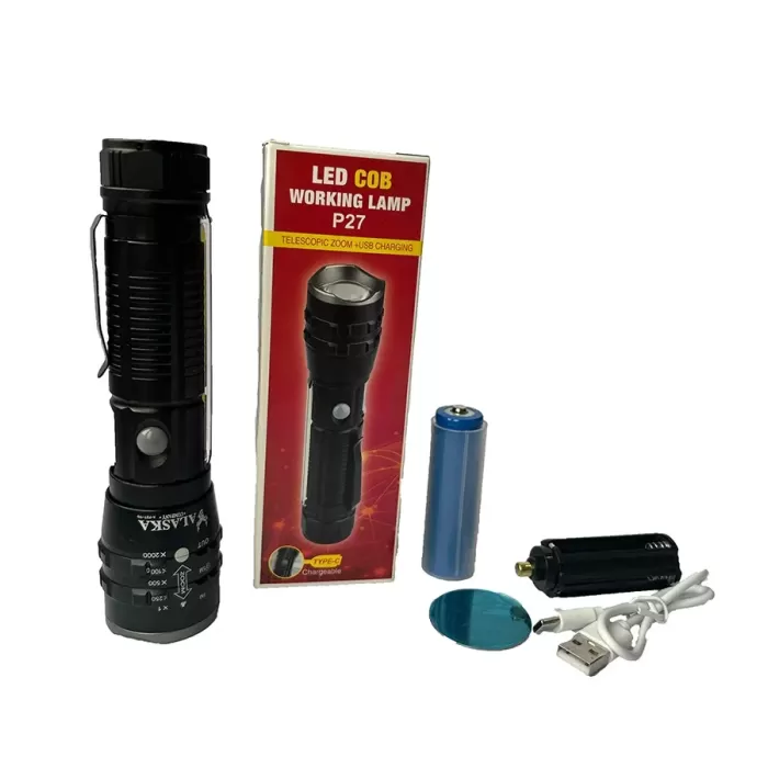 P27 Şarjlı LED Metal El Feneri 1000 Lümen Çakarlı (5381)