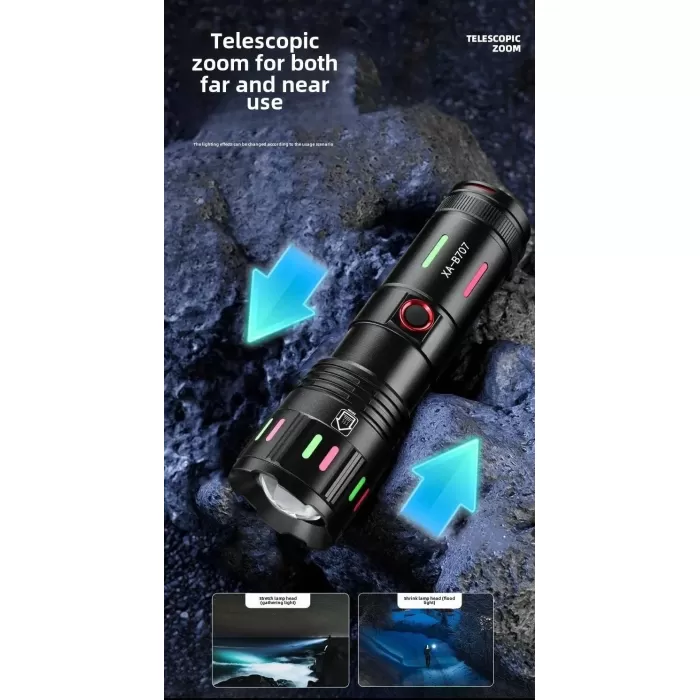 LED El Feneri 2000 Lümen USB Şarj Edilebilir Flash Işığı Yüksek Güçlü El Feneri Taktiksel Uzun Menzil El Lambası XA-B707 (5381)