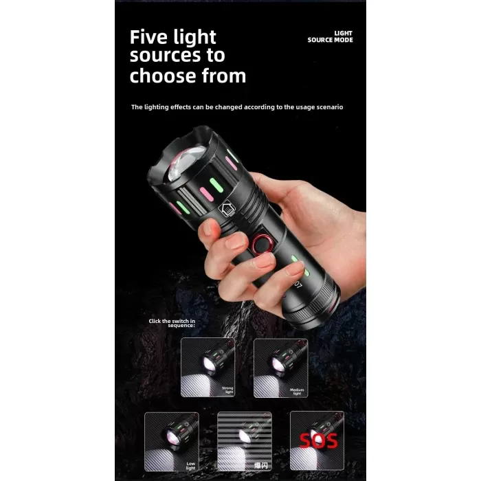 LED El Feneri 2000 Lümen USB Şarj Edilebilir Flash Işığı Yüksek Güçlü El Feneri Taktiksel Uzun Menzil El Lambası XA-B707 (5381)