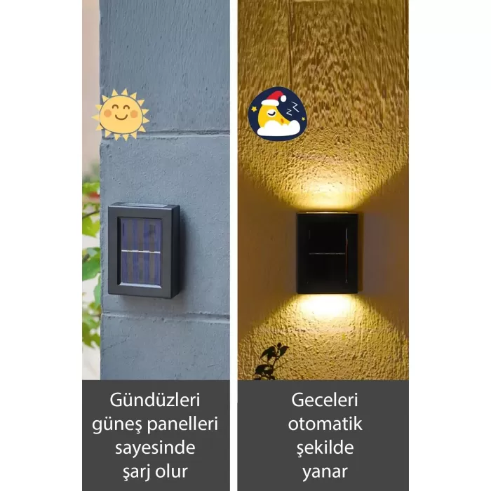 Solar Çift Taraflı Duvar Lambası Güneş Enerjili Aydınlatma Dekorasyon Aplik Işık 2 Li (5381)