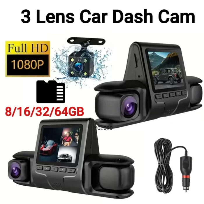 1080P Üçlü Lens Araba Dash Cam Dashcam Ön İç &amp;amp; Arka HD Araba DVR 120 ° Açı Döngü Kaydı Yerçekimi Sensörü (5381)