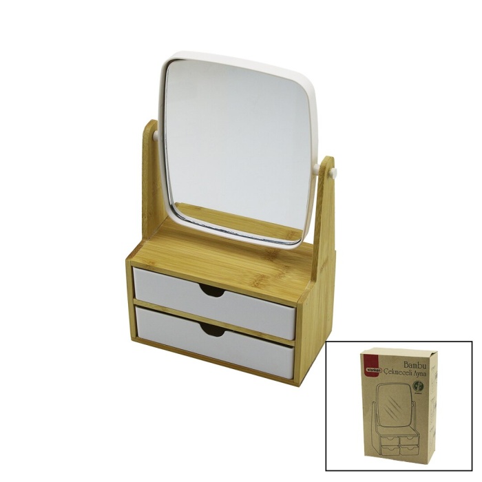 2 ÇEKMECELİ BAMBU AHŞAP STANDLI=9X9.9X17.8X21.5CM MAKYAJ AYNASI=15X18CM TAKILIK 1+1 ORGANİZER (5381)