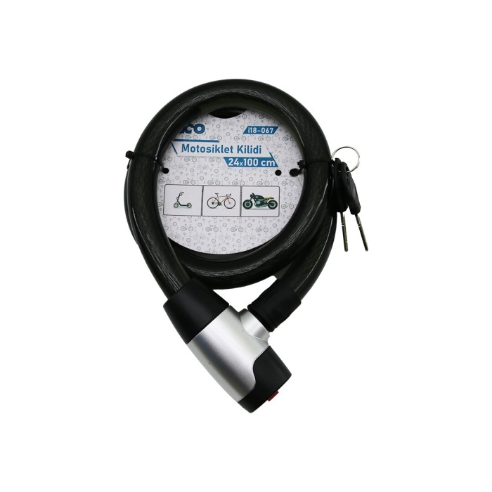 ANAHTARLI METAL KAPLAMA KAFA ÇEK-İT KİLİT KAPAK MOTOR - BİSİKLET KİLİT ÇELİK TEL SİYAH ŞEFFAF KILIF 24MMX100CM (5381)