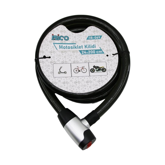 ANAHTARLI METAL KAPLAMA KAFAÇEK-İT KİLİT KAPAKMOTOR - BİSİKLET KİLİT ÇELİK TELSİYAH ŞEFFAF KILIF24MMX200CM (5381)