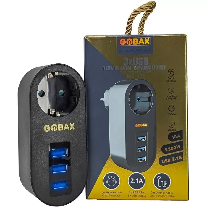 Gobax Termal Akım Korumalı Akıllı Priz 3xusb Li, Çocuk Korumalı, Led Işıklı, Yüksek Isıya Dayanıklı (5381)