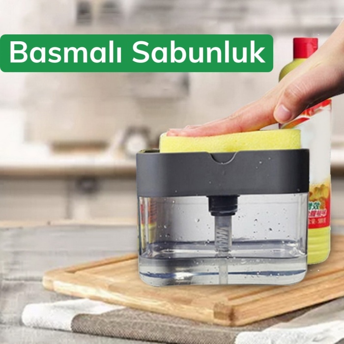 İkisi Bir Arada Basmalı Pratik Sıvı Sabunluk Pompası ve Bulaşık Yıkama Süngeri Haznesi (5381)
