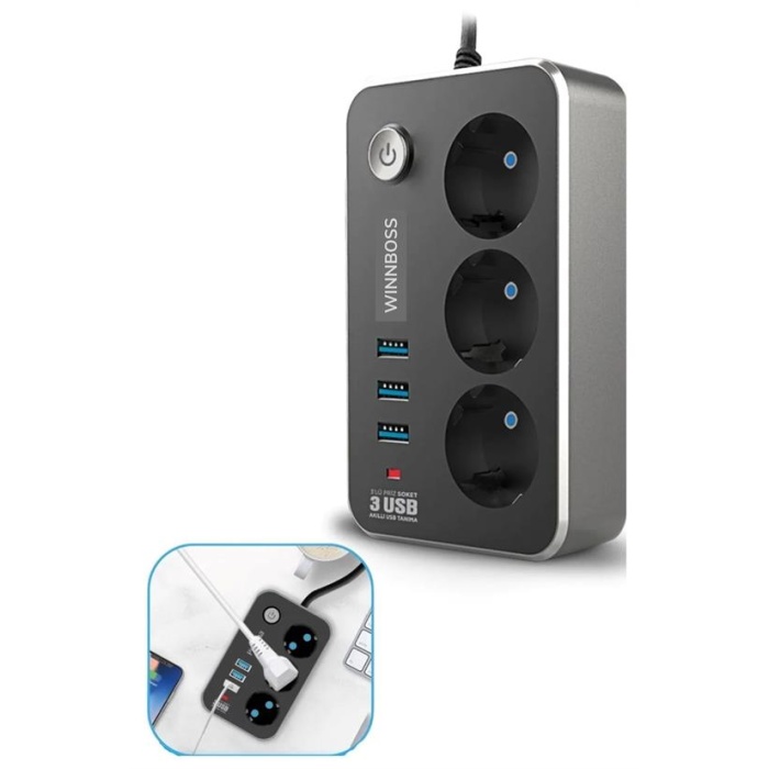 Isıya Dayanıklı Termal Akım Korumalı 2 Mt 10A 2500W 3lü Priz ve 3 Usbi 2.1A Uzatma Kablosu (5381)