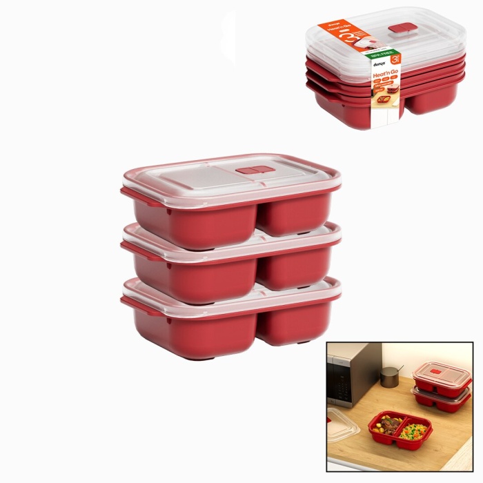 3 PCS KIRMIZI BÖLME DİKDÖRTGEN SAKLAMA KAB SET 1200ML (5381)