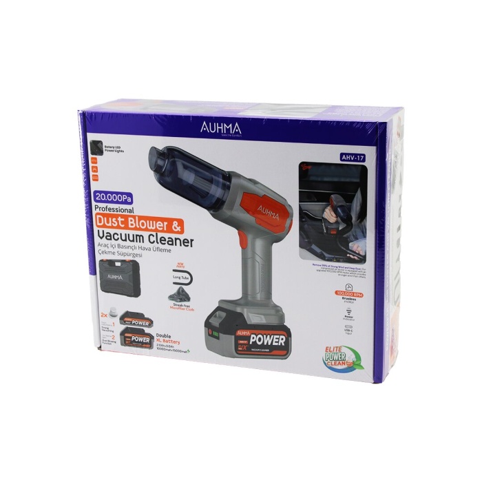 OTO ARAÇ TYPE-C SARJLI EL TİPİ BASINÇLI HAVA ÜFLEME - SÜPÜRGE MAKİNE YEDEK BATARYA - 2 X FİLTRE MİKROFİBER BEZ 8 BAŞLIK 120W AHV-17 (5381)