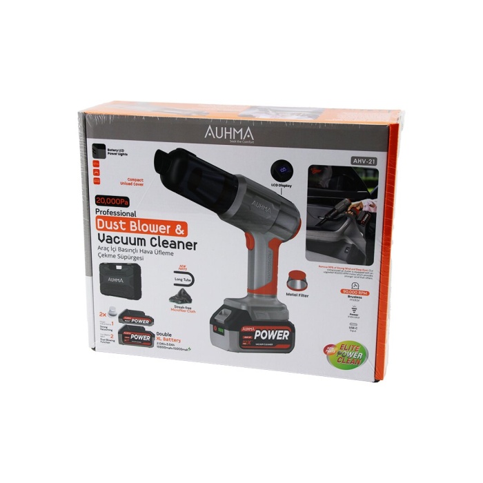 OTO ARAÇ TYPE-C SARJLI - LCD EKRAN EL TİPİ BASINÇLI HAVA ÜFLEME - SÜPÜRGE MAKİNE YEDEK BATARYA - 2 X FİLTRE MİKROFİBER BEZ 8 BAŞLIK 175W AHV-21 (5381)