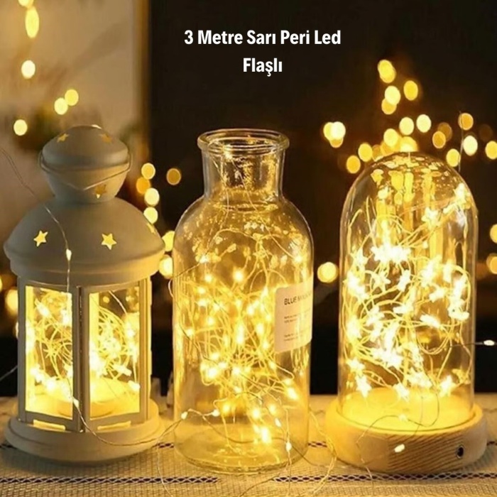 Sarı Peri LED Flaşlı Işık – 3 Metre Dekoratif Oda ve Organizasyon Aydınlatması (5381)