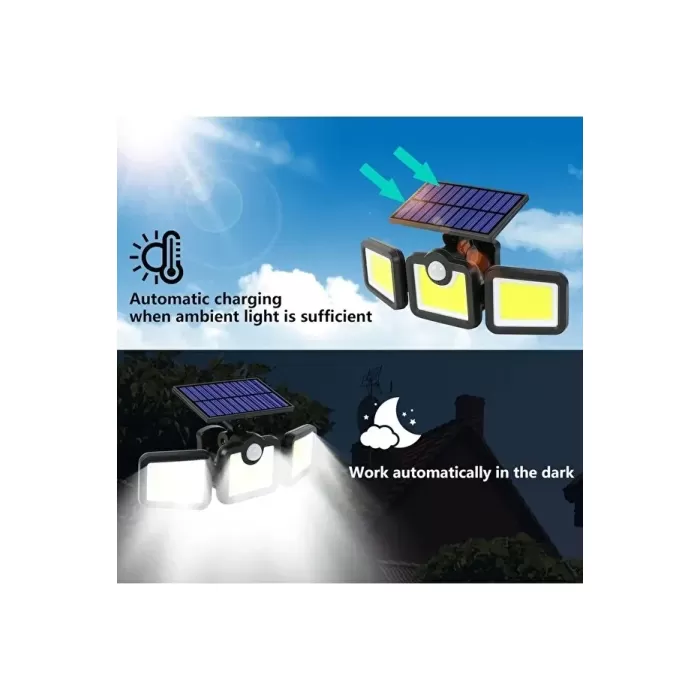 Üçlü Solar Led Projektör – Beyaz Işık – Sensörlü Dış Mekân Aydınlatma (5381)