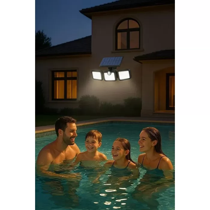 Üçlü Solar Led Projektör – Beyaz Işık – Sensörlü Dış Mekân Aydınlatma (5381)