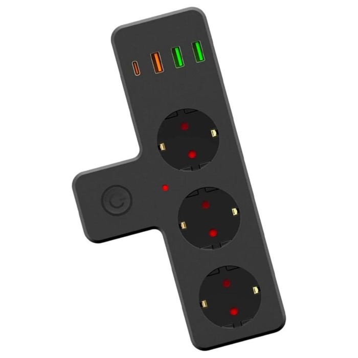 Termal Akım Korumalı 3 Adet Soket,3 Adet USB ve 1 Adet Type-C Girişli 20w Priz Model 3397 (5381)