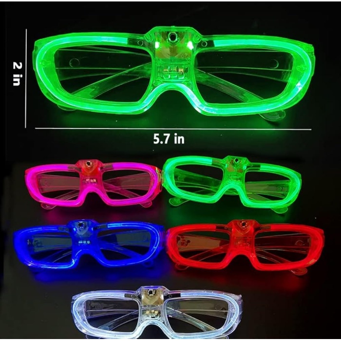 LED Işıklı Glow Pilli Parti Gözlüğü - Glow Efektli 6 Adet 5 Renk (5381)