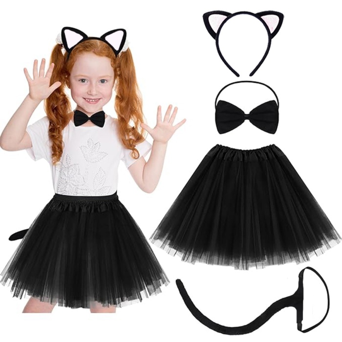 Beyaz Kulaklı Kedicik Kostüm Seti (Tütü, Taç, Papyon, Kuyruk) (5381)