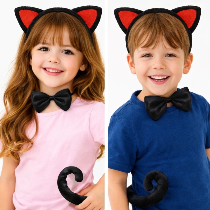 Kırmızı Kulaklı Kedi Kostüm Seti – Taç Papyon Kuyruk 3 Parça (5381)