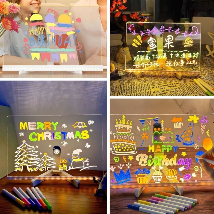 LED Işıklı Kendiliğinden Renkli Fosforlu Kalemli Dikdörtgen Yazı Panosu 20x30 cm (5381)