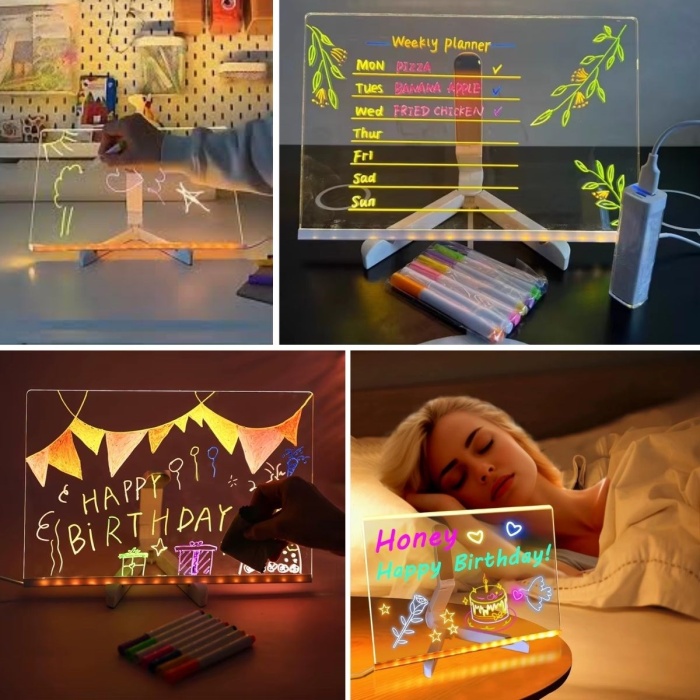 LED Işıklı Kendiliğinden Renkli Fosforlu Kalemli Dikdörtgen Yazı Panosu 20x30 cm (5381)