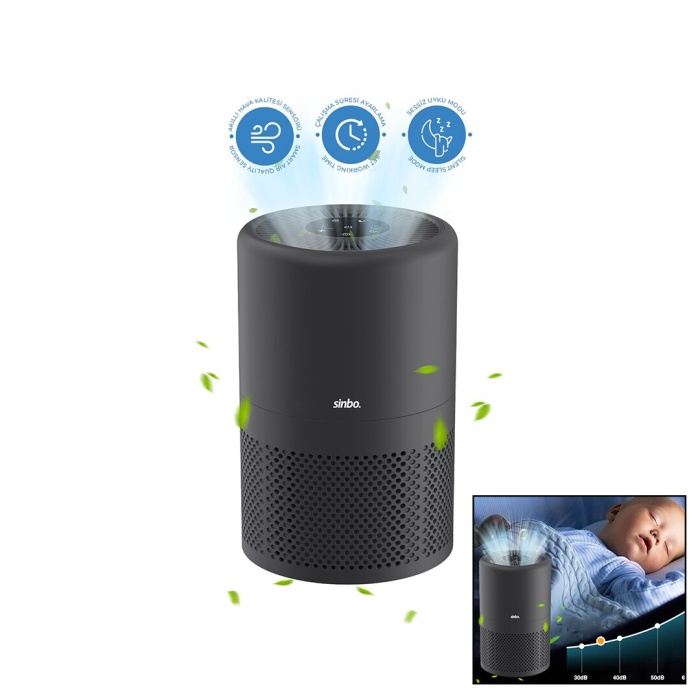 GRİ HAVA TEMİZLEME CİHAZI OTOMATİK FAN 3 KADEME FİLTRELEME LED AYDINLATMA SESSİZ UYKU MOD SAP-5507 (5381)