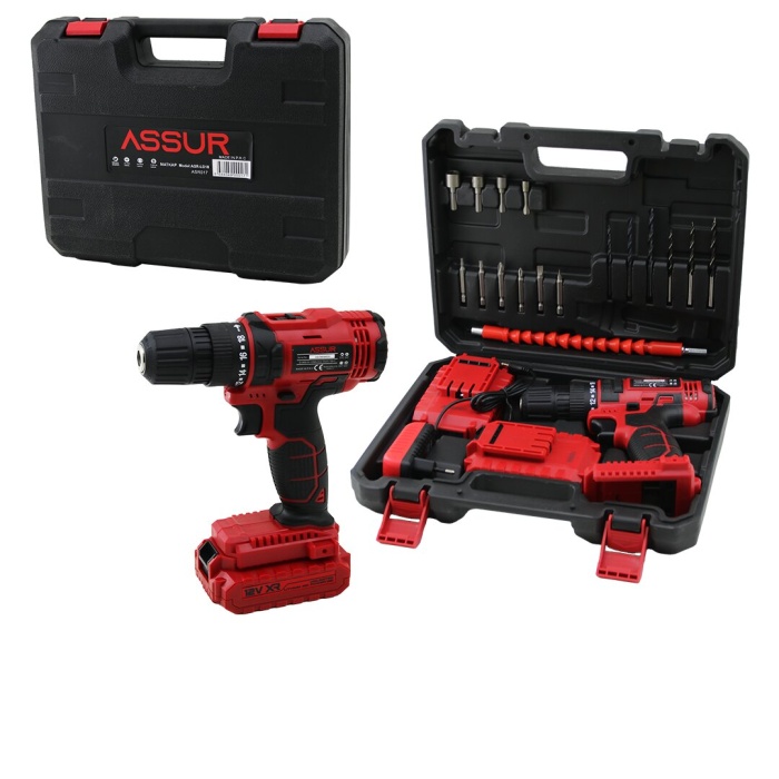 DARBELİ KIRMIZI ŞARJLI - YEDEK BATARYA MATKAP SETİ ÇANTALI LD18 (5381)