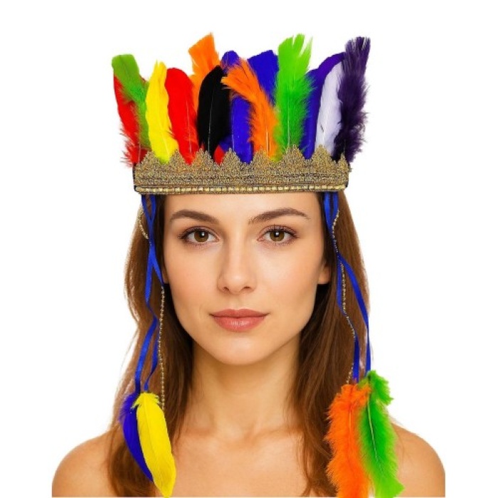 Rengarenk Tüylerle İşlenmiş Lastikli Kızılderili Başlığı