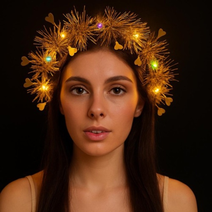 Kalp Püsküllü Gece Parıltısı 3 Modlu LEDli Işıklı Taç Altın Renk
