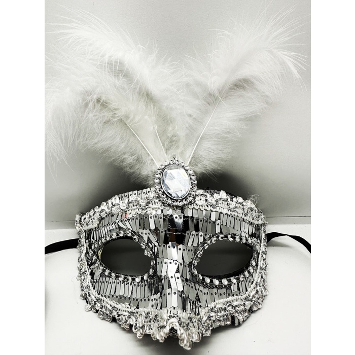 Gümüş Renk Payetli Pullu Tüylü Parti Maskesi 17x20 cm (5381)