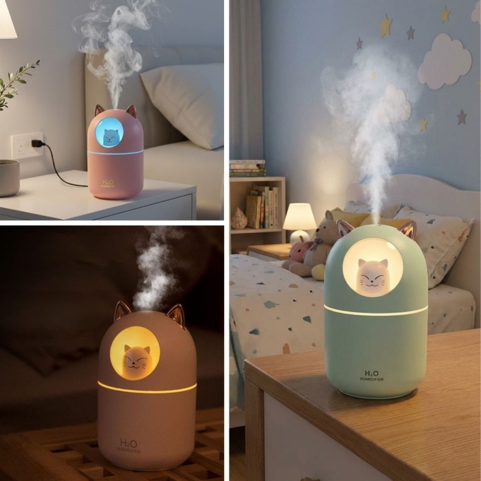 Kedicik Figürlü Hava Nemlendirici – Ultrasonik Soğuk Buhar Makinesi, LED Işıklı Masaüstü Oda Nemlendirici (5381)