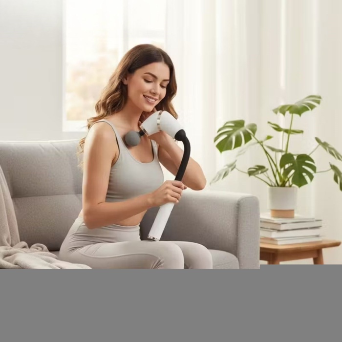 4 Farklı Başlıklı Uzun Saplı Derin Doku Masaj Tabancası, Boyun, Omuz ve Sırt için Ergonomik Saplı Çoklu Masaj Modlu Taşınabilir Masaj Aleti (5381)