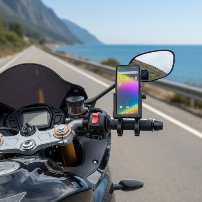 Evrensel Motosiklet Telefon Tutucu – Kaymaz, Kilitlenebilir Güvenli Tutuşlu, 360° Ayarlanabilir Gidon Bağlantılı Akıllı Telefon Aparatı (5381)