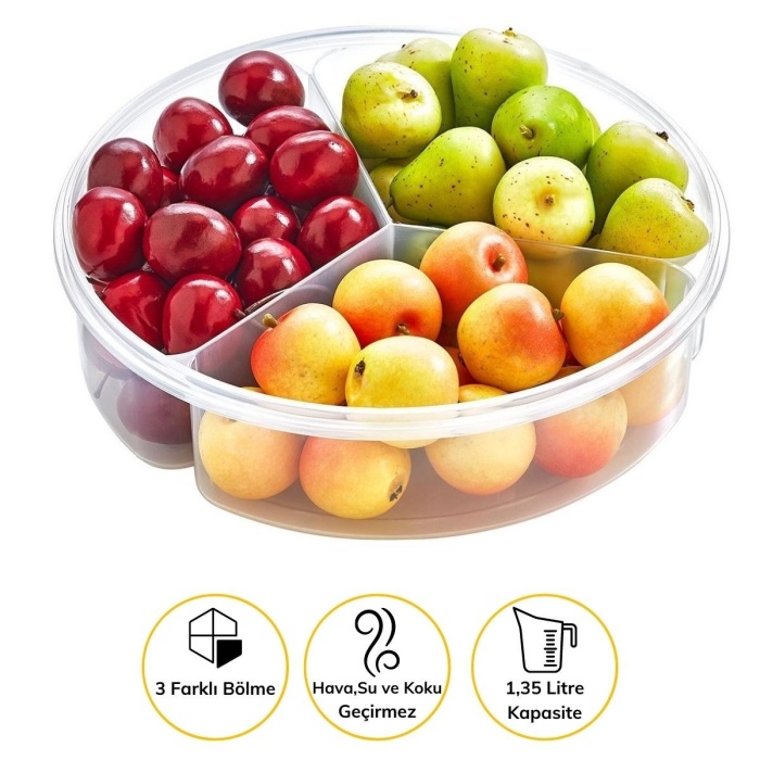 3 Bölmeli Sızdırmaz Contalı Kilitli Kapaklı 1,35 Litre yuvarlak Erzak Saklama Kabı LC-500 (5381)