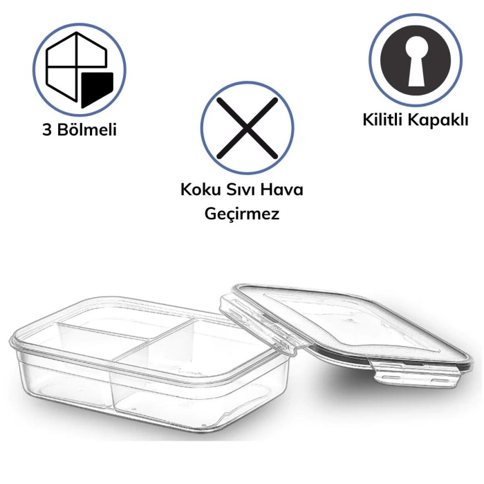 3 Bölmeli Kilitli Kapaklı 1 Litre Erzak Saklama Kabı LC-510 (5381)