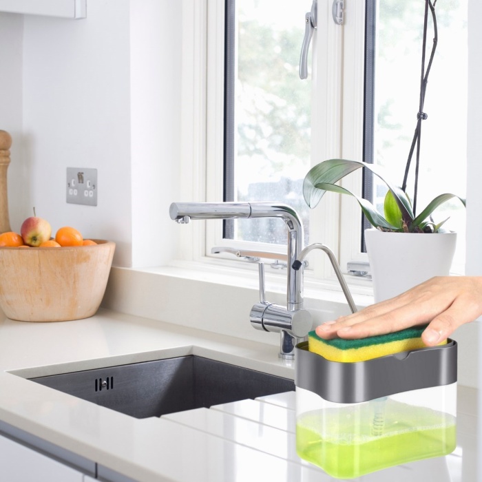 İkisi Bir Arada Basmalı Pratik Sıvı Sabunluk Pompası ve Bulaşık Yıkama Süngeri Haznesi (5381)