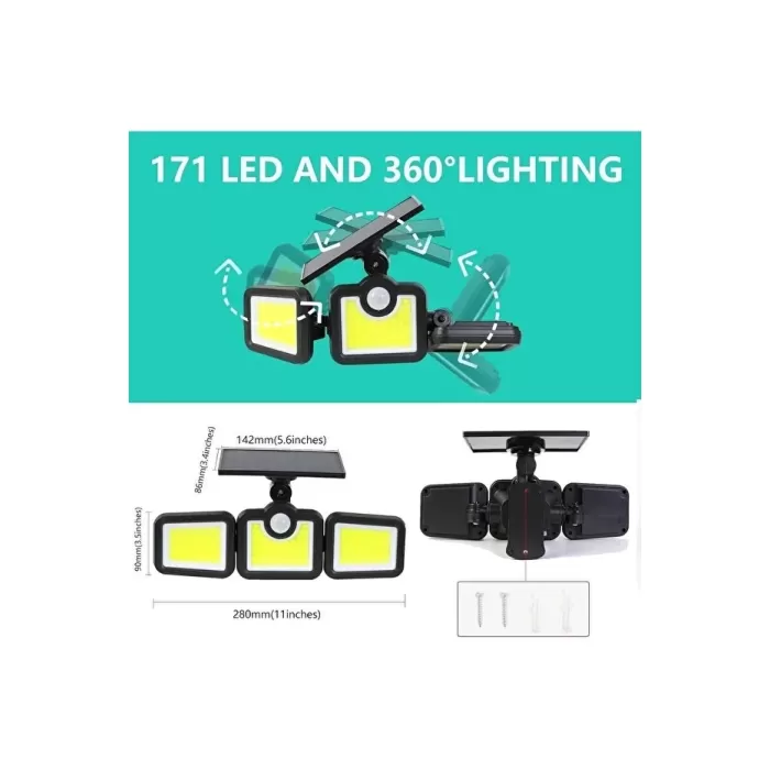 Üçlü Solar Led Projektör – Beyaz Işık – Sensörlü Dış Mekân Aydınlatma (5381)