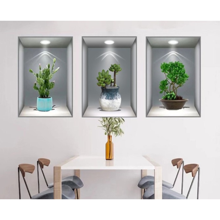 3D Çiçek Vazo Duvar Sticker 3 lü Set GRİ Fon (5381)