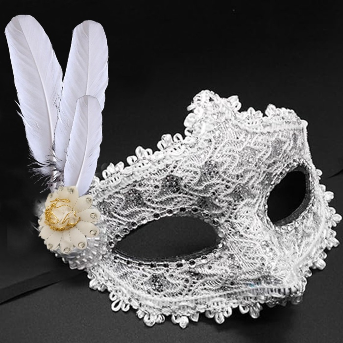 Beyaz Renk Tüylü Dantelli Gözleri Taşlı Balo Parti Maskesi (5381)