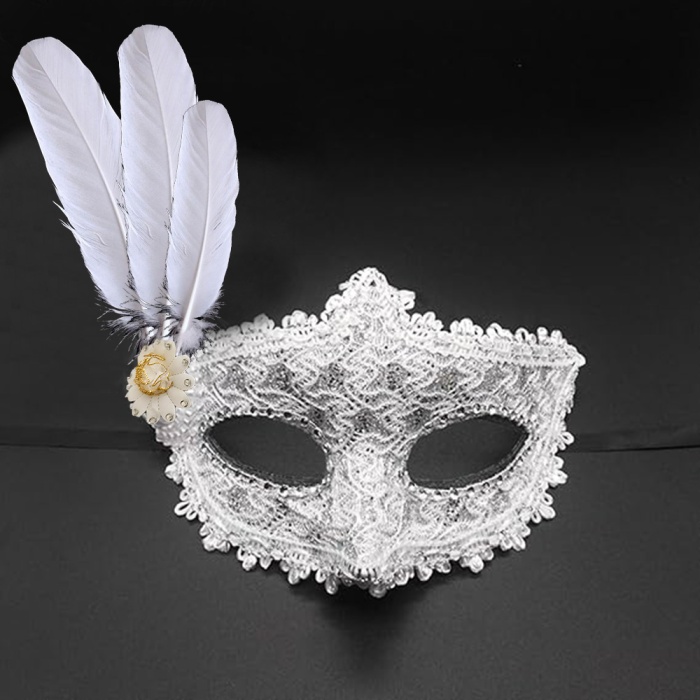 Beyaz Renk Tüylü Dantelli Gözleri Taşlı Balo Parti Maskesi (5381)