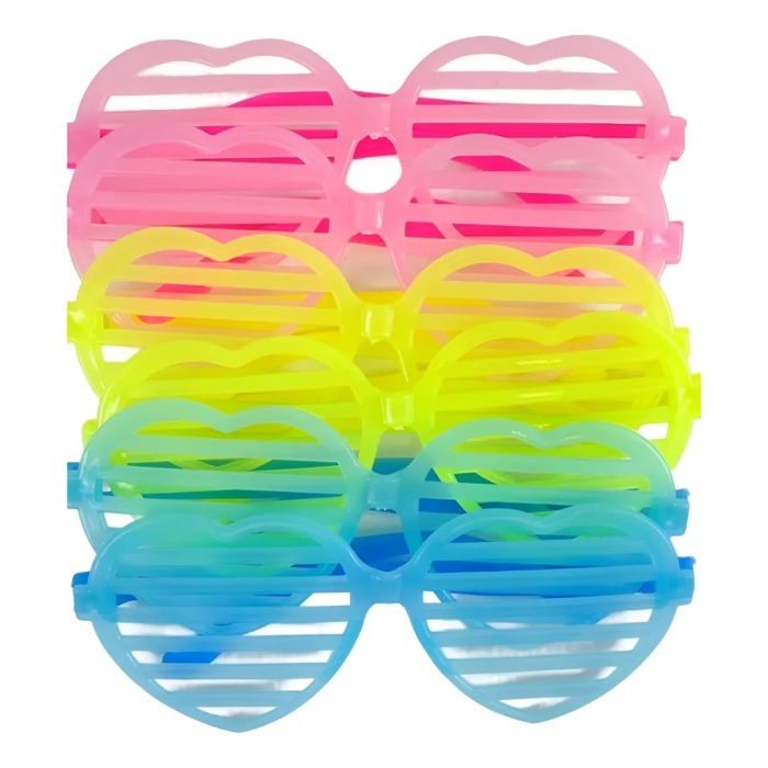 Retro Neon Fosforlu Kalp Panjur Gözlük 12 Adet – 80’ler 90’lar Parti Stili (5381)