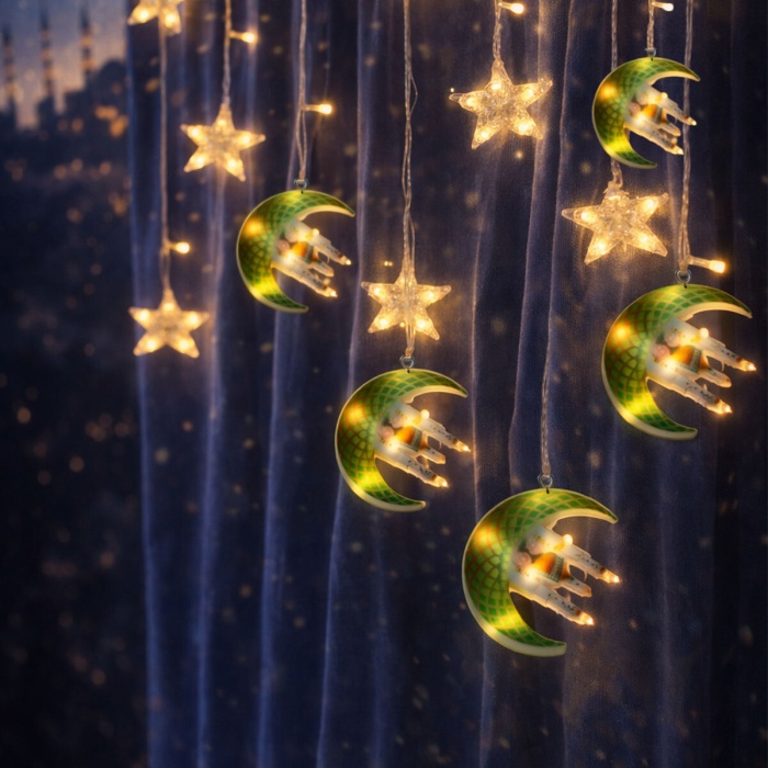 3MT FİŞLİ - EKLEMELİ RAMAZAN DEKOR LAMBA - PERDE LED YEŞİL HİLAL CAMİ - YILDIZ EKL-09-02 (5381)