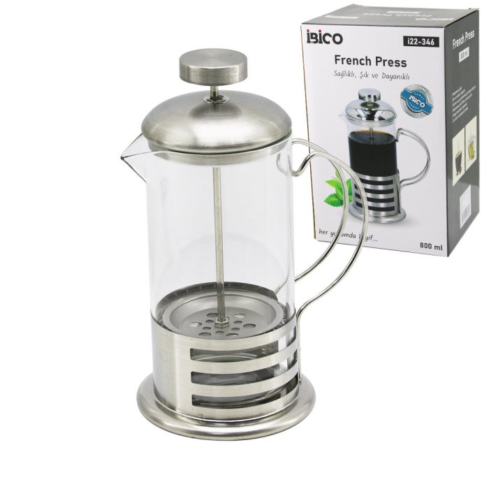 FRENCH PRESS METAL KAFES - METAL KAPAK 800ML CAM BİTKİ SÜZGEÇİ (5381)