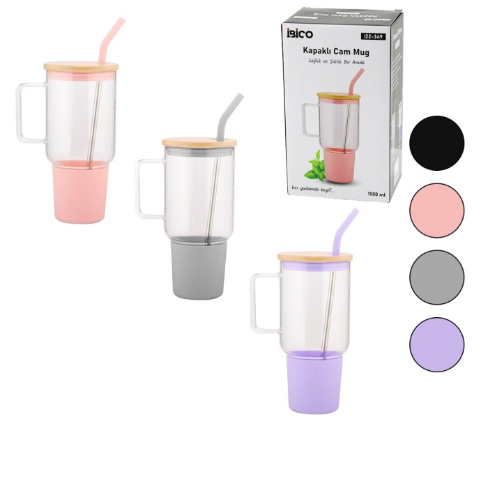 CAM 1000ML MATARA - SULUK BAMBU KAPAK - SIZDIRMAZ SİLİKONLU ÇELİK PİPET KORUYUCU SİLİKON ALTLIK - KILIF (5381)