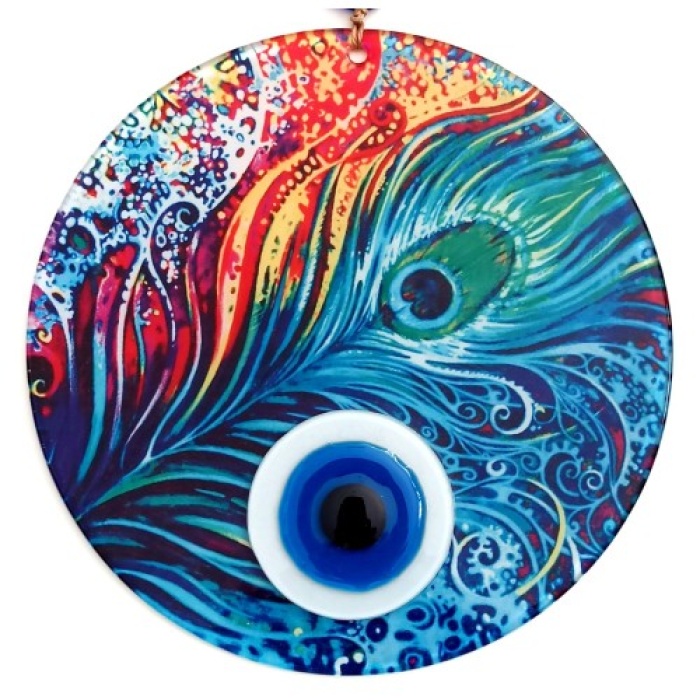 Tavus Kuşu Tüyü Desenli  Füzyon Camdan El Yapımı Nazar Boncuklu Duvar Süsü