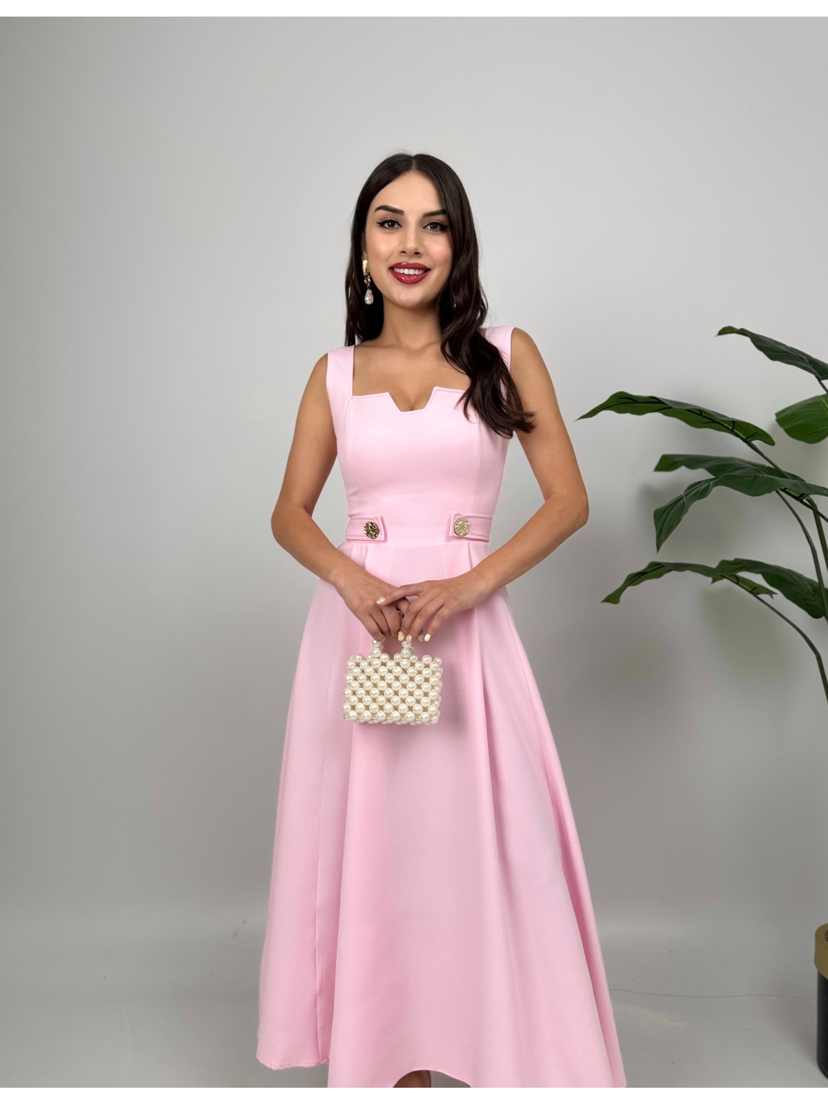 Rosélia Düğmeli Elbise – Pembe