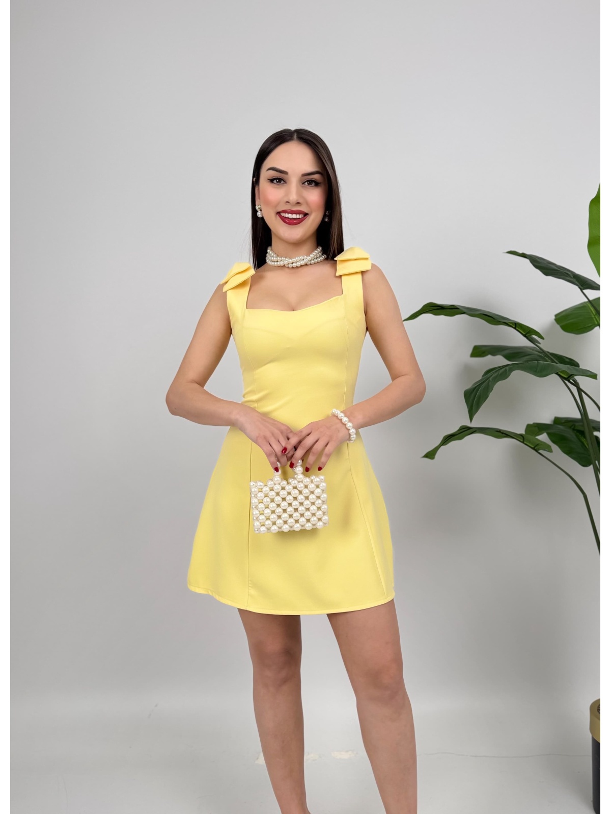 Soléa Fiyonklu Mini Elbise – Sarı