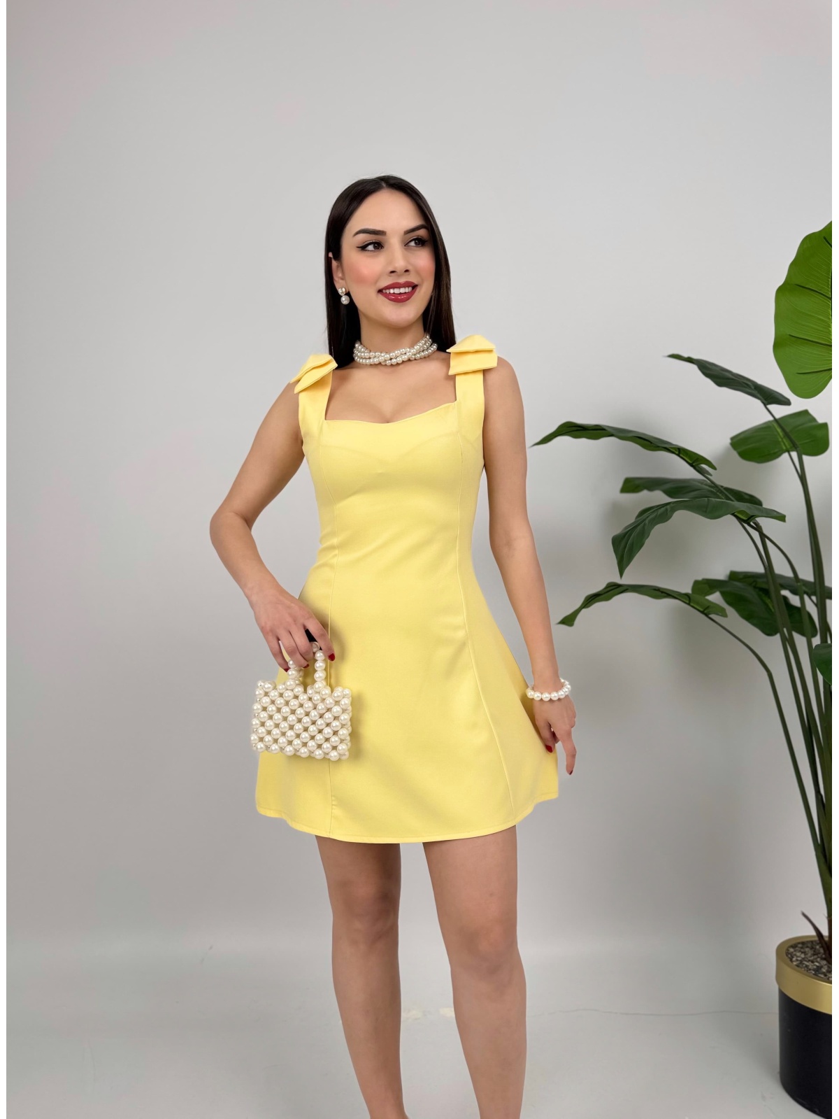 Soléa Fiyonklu Mini Elbise – Sarı