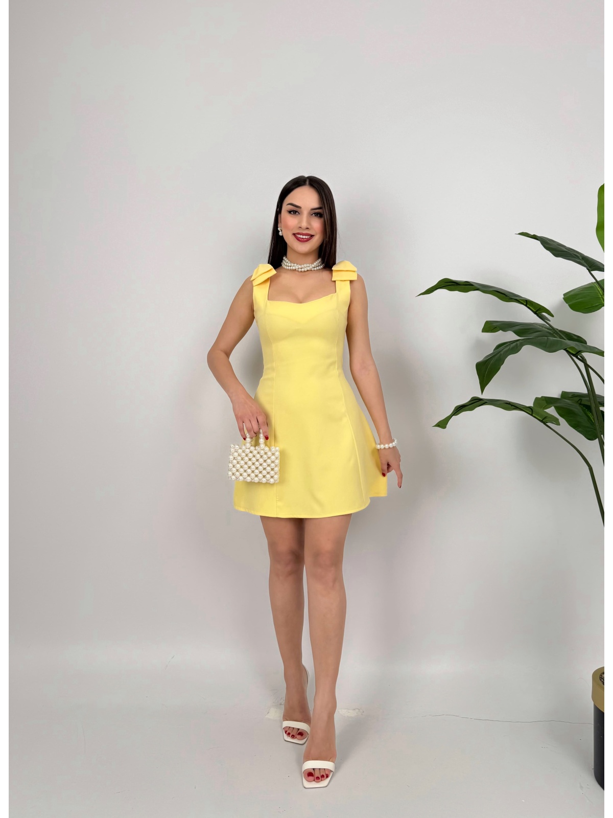 Soléa Fiyonklu Mini Elbise – Sarı