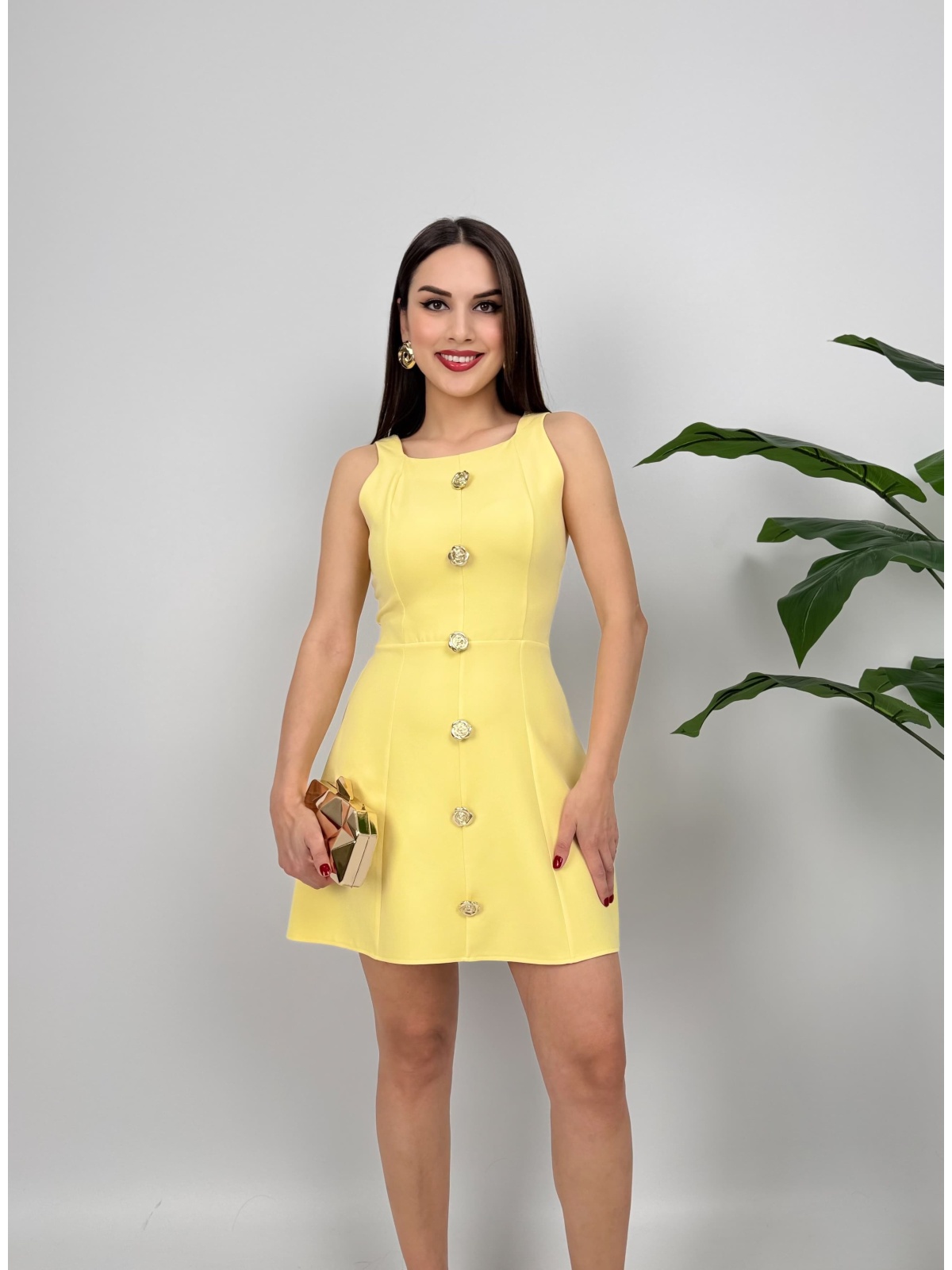 Bella Rose Düğmeli Mini Elbise – Sarı