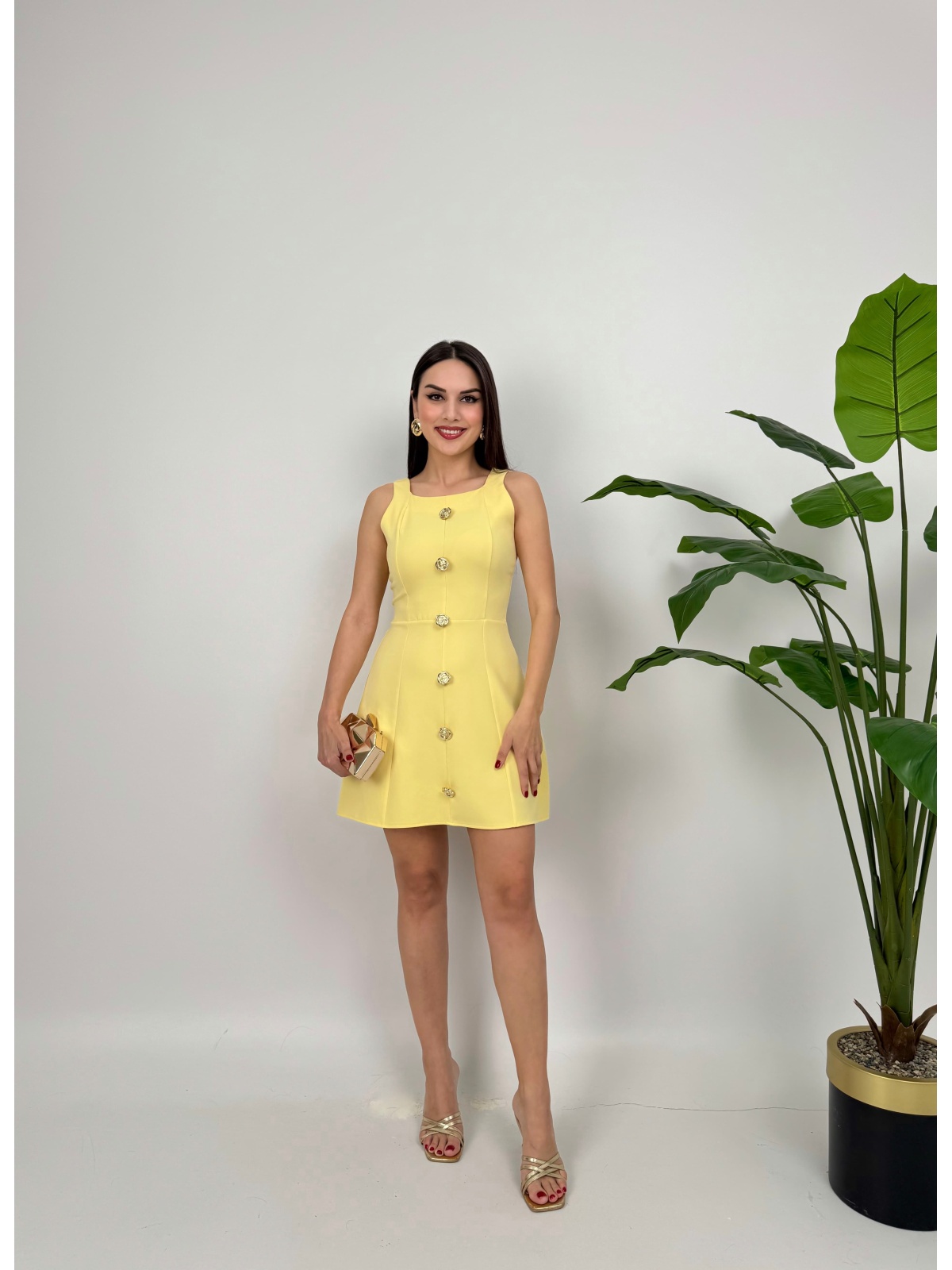 Bella Rose Düğmeli Mini Elbise – Sarı