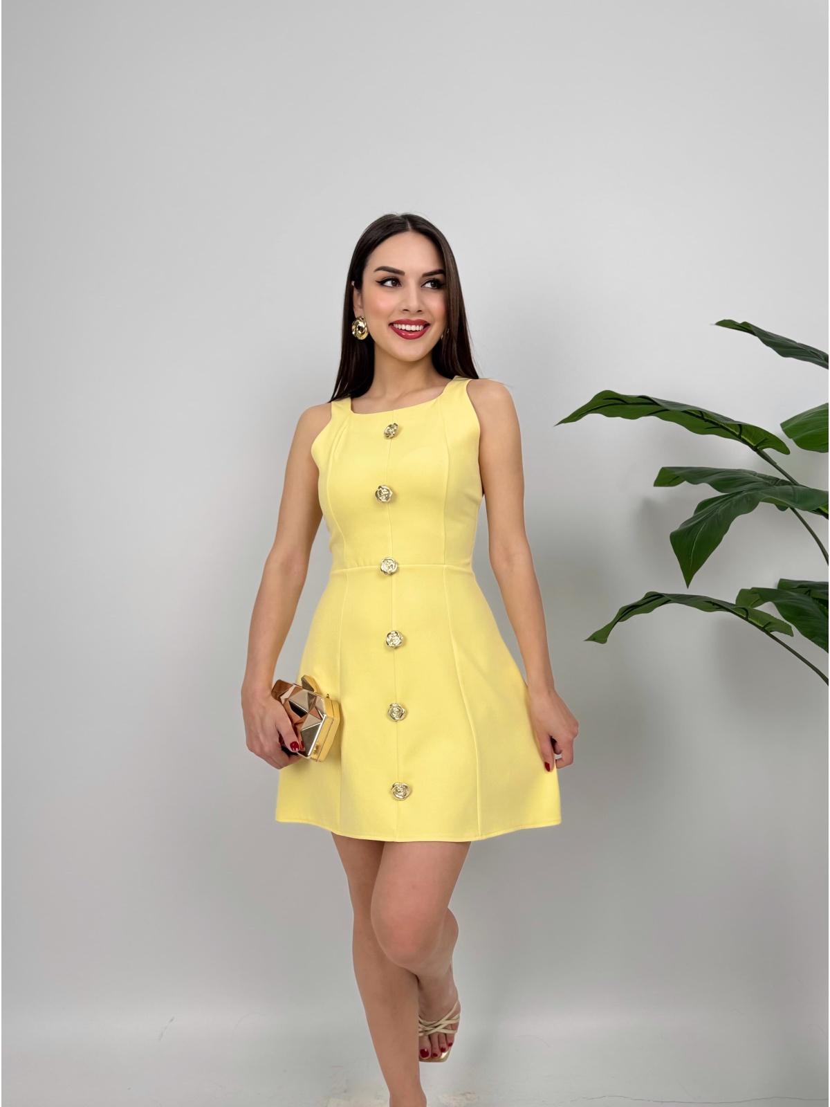 Bella Rose Düğmeli Mini Elbise – Sarı